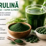 Pudră și comprimate de spirulină lângă un smoothie verde, prezentare superaliment natural bogat în nutrienți