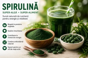 Pudră și comprimate de spirulină lângă un smoothie verde, prezentare superaliment natural bogat în nutrienți
